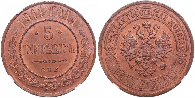 Russia 5 kopecks 1911 СПБ - NGC MS 64 RD
Charming red colour toning luminous spe...