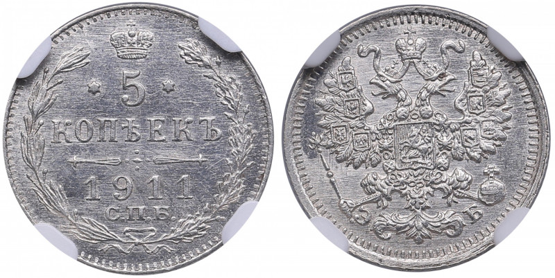 Russia 5 kopecks 1911 СПБ-ЭБ - NGC MS 64
An attractive lustrous specimen. Bitkin...