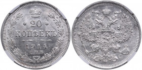 Russia 20 kopecks 1914 СПБ-ВС - NGC MS 66
An extraordinarily lustrous specimen. Very beautiful coin. Bitkin 116.