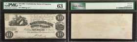 T-28. Confederate Currency. 1861 $10. PMG Choice Uncirculated 63.
Estimate: $ 400-600