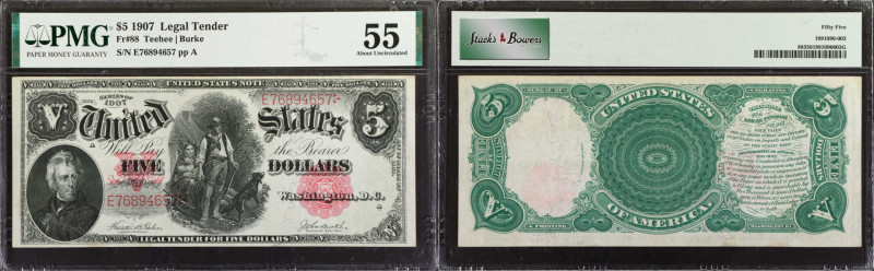 Fr. 88. 1907 $5 Legal Tender Note. PMG About Uncirculated 55.
This Woodchopper ...