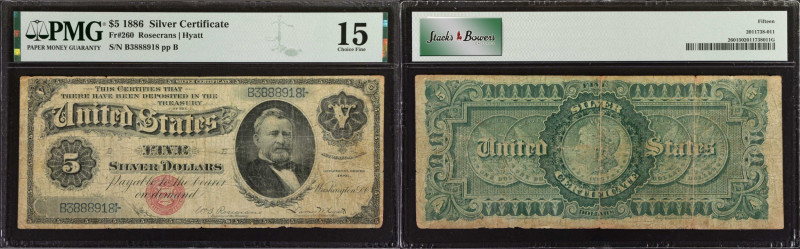 Fr. 260. 1886 $5 Silver Certificate. PMG Choice Fine 15.
These Silver Dollar ba...
