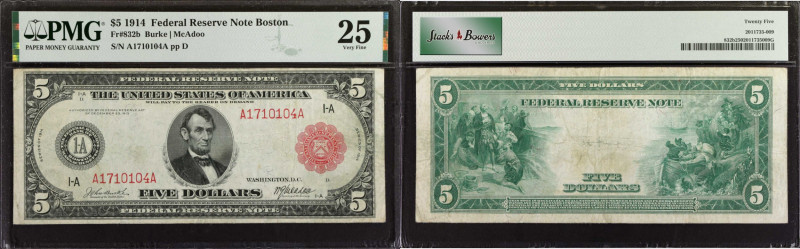 Fr. 832b. 1914 Red Seal $5 Federal Reserve Note. Boston. PMG Very Fine 25.
An e...