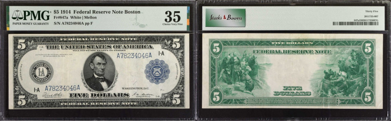 Fr. 847a. 1914 $5 Federal Reserve Note. Boston. PMG Choice Very Fine 35.
A mid-...