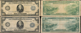 Lot of (2). Fr. 911B & 924. 1914 $10 Federal Reserve Notes. Fine.
Edge damage is noticed on Fr. 911B and edge wear, pinholes are found on Fr. 924.
E...