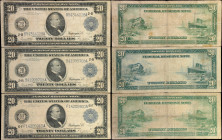 Lot of (3). Fr. 971A & 987A. 1914 $20 Federal Reserve Notes. Fine to Very Fine.
A trio of large size Twenties. Staining/soiling is noticed along with...