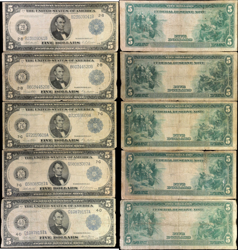 Lot of (5) 1914 $5 Federal Reserve Notes. Fine.
An assortment of five $5 FRN's....