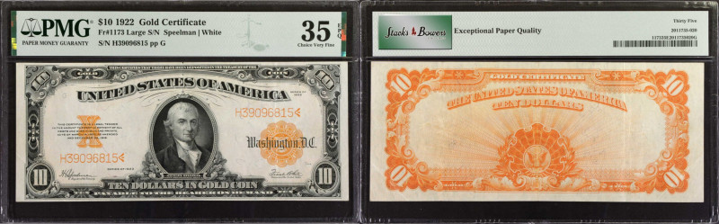 Fr. 1173. 1922 $10 Gold Certificate. PMG Choice Very Fine 35 EPQ.
Large serial ...