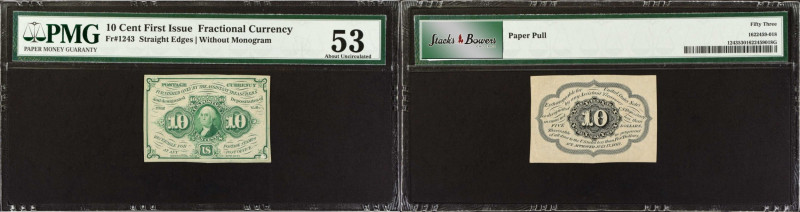 Fr. 1243. 10 Cents. First Issue. PMG About Uncirculated 53.
Straight edges. Wit...