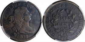 1808/7 Draped Bust Half Cent. Fine Details--Environmental Damage (PCGS).
PCGS# 1110. NGC ID: 222L.
Estimate: $250