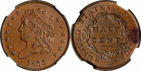1833 Classic Head Half Cent. C-1. Unc Details--Reverse Corrosion (NGC).
PCGS# 35282. NGC ID: 222Z.
Estimate: $200