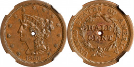 1850 Braided Hair Half Cent. C-1. AU Details--Holed, Obverse Scratched (NGC).
PCGS# 35321. NGC ID: 26YV.
Estimate: $400