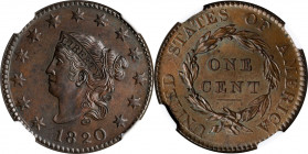 1820 Matron Head Cent. Large Date. Unc Details--Obverse Cleaned (NGC).
PCGS# 1615. NGC ID: 2256.
Estimate: $200