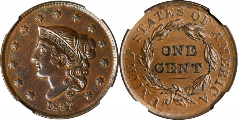1837 Modified Matron Head Cent. Plain Cords, Medium Letters. AU Details--Obverse...