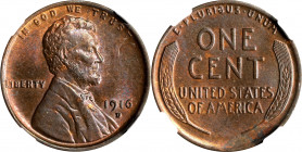 1916-D Lincoln Cent. MS-64 BN (NGC). CAC.
PCGS# 2489. NGC ID: 22BP.
Estimate: $140