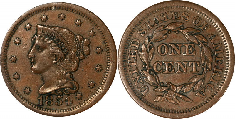 1854 Braided Hair Cent. AU-55 (ANACS). OH.
PCGS# 1904. NGC ID: 226L.
Estimate:...