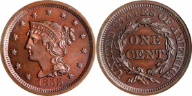 1855 Braided Hair Cent. N-4. Upright 5s. MS-62 RB (ANACS). OH.
PCGS# 46953. NGC ID: 226M.
Estimate: $ 175