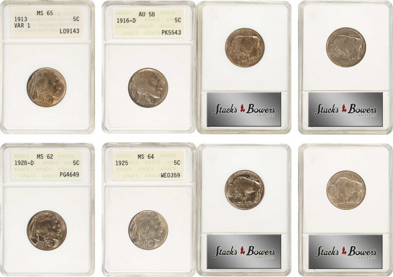 Lot of (4) Buffalo Nickels. (ANACS). OH.
Included are: 1913 Type I, MS-65; 1916...