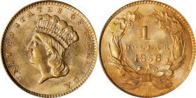 1856 Gold Dollar. Slant 5. AU-58 (PCGS). OGH.
PCGS# 7540. NGC ID: 25CB.
Estimate: $ 300