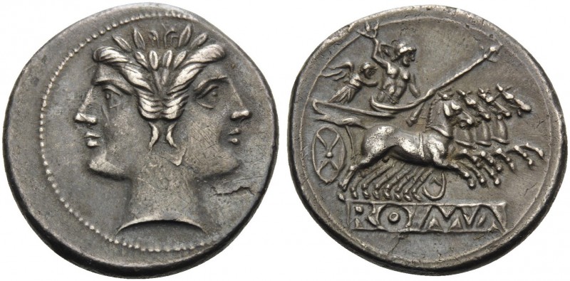 Anonymous, 225-212 BC. Quadrigatus or Didrachm (Silver, 22 mm, 6.54 g, 1 h). Lau...