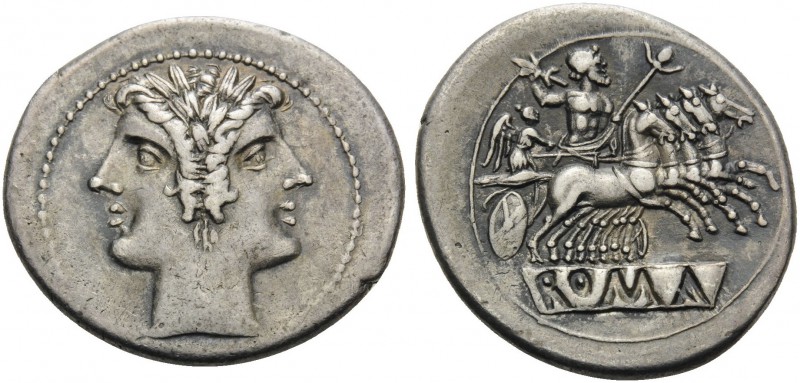 Anonymous, 225-214 BC. Quadrigatus or Didrachm (Silver, 23 mm, 6.60 g, 11 h). La...