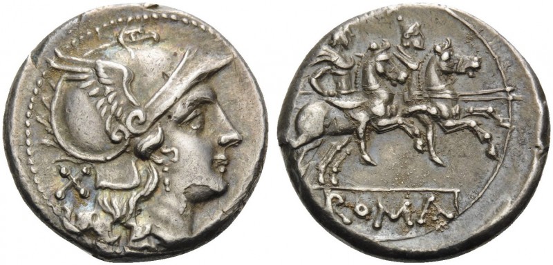 Anonymous, c. 211-208 BC. Denarius (Silver, 18 mm, 4.61 g, 9 h), Rome. Helmeted ...