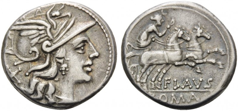 Decimius Flavus, 150 BC. Denarius (Silver, 18 mm, 3.78 g, 6 h), Rome. Helmeted h...