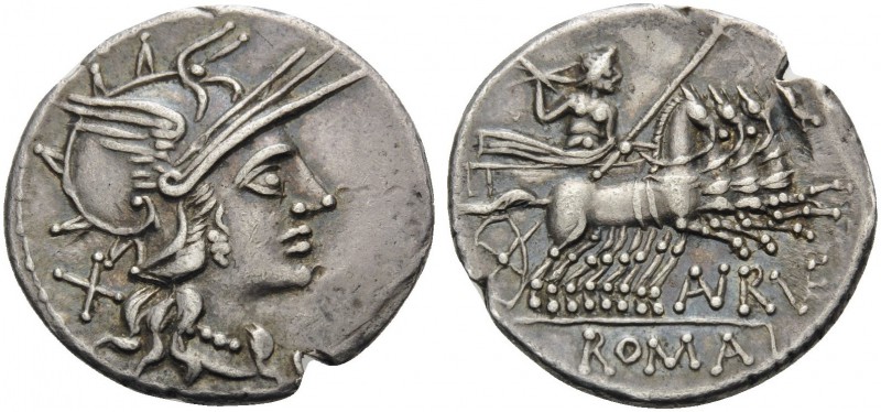 T. Annius Rufus, 144 BC. Denarius (Silver, 20 mm, 3.90 g, 6 h), Rome. X Helmeted...
