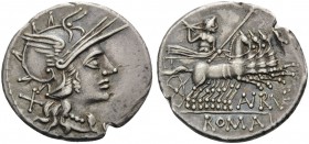 T. Annius Rufus, 144 BC. Denarius (Silver, 20 mm, 3.90 g, 6 h), Rome. X Helmeted head of Roma to right. Rev. AN RVF / ROMA Jupiter in quadriga to righ...