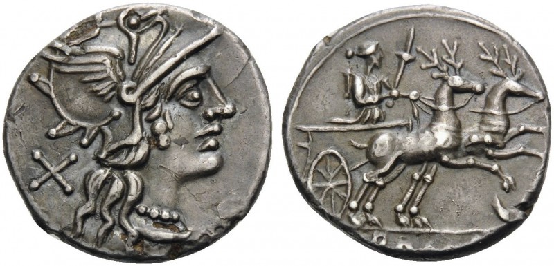 T. Annius Rufus, 143 BC. Denarius (Subaeratus, 17 mm, 3.14 g, 6 h), Rome. X Helm...