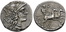 T. Annius Rufus, 143 BC. Denarius (Subaeratus, 17 mm, 3.14 g, 6 h), Rome. X Helmeted head of Roma to right. Rev. ROMA Diana driving biga of stags to r...