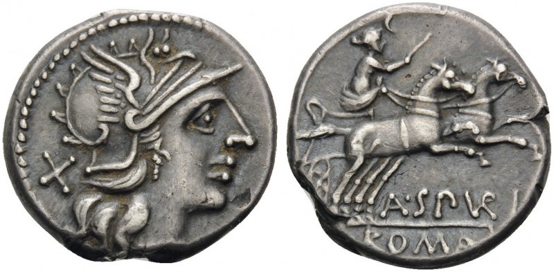 A. Spurilius, 139 BC. Denarius (Silver, 16 mm, 3.88 g, 11 h), Rome. X Helmeted h...