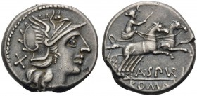 A. Spurilius, 139 BC. Denarius (Silver, 16 mm, 3.88 g, 11 h), Rome. X Helmeted head of Roma to right. Rev. A.SPVRI / ROMA Luna in biga to right. Babel...