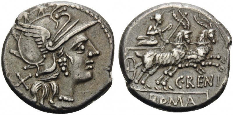 C. Renius, 138 BC. Denarius (Silver, 16 mm, 3.84 g, 6 h), Rome. X Helmeted head ...