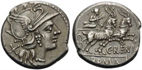 C. Renius, 138 BC. Denarius (Silver, 16 mm, 3.84 g, 6 h), Rome. X Helmeted head of Roma to right. Rev. C.RENI / ROMA Juno in biga of goats to right. B...