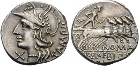 M. Baebius Q.f. Tampilus, 137 BC. Denarius (Silver, 17 mm, 3.91 g, 4 h), Rome. TAMPIL Helmeted head of Roma to left; necklace of beads. Rev. ROMA / M....