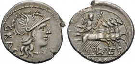 L. Antestius Gragulus, 136 BC. Denarius (Silver, 19 mm, 3.85 g, 10 h), Rome. GRAG Helmeted head of Roma to right. Rev. L.ANTES / ROMA Jupiter in quadr...