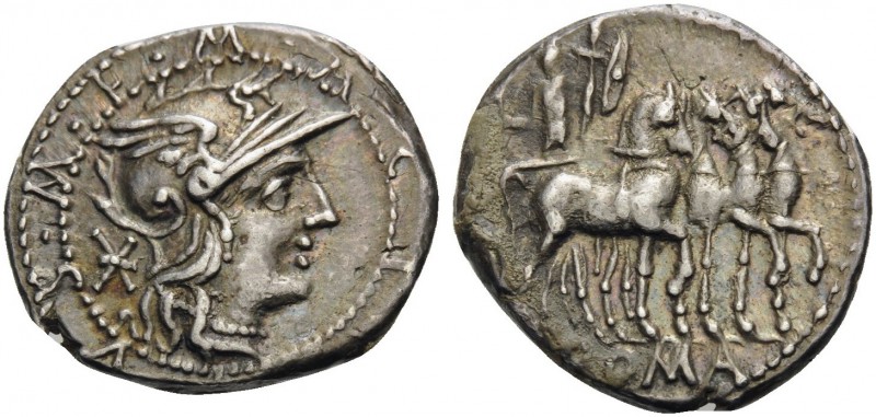 M. Acilius M.f, 130 BC. Denarius (Silver, 18 mm, 3.96 g, 10 h), Rome. M.ACILIVS....