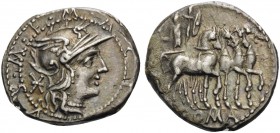 M. Acilius M.f, 130 BC. Denarius (Silver, 18 mm, 3.96 g, 10 h), Rome. M.ACILIVS.M.F Helmeted head of Roma to right. Rev. ROMA Hercules in quadriga to ...