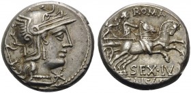 Sex. Julius Caesar, 129 BC. Denarius (Silver, 16 mm, 3.94 g, 6 h), Rome. Helmeted head of Roma to right; behind, anchor. Rev. ROMA / SEX.IVL / CAISAR ...