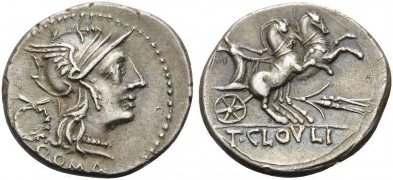 T. Cloelius, 128 BC. Denarius (Silver, 20 mm, 3.88 g, 8 h), Rome. ROMA Helmeted ...