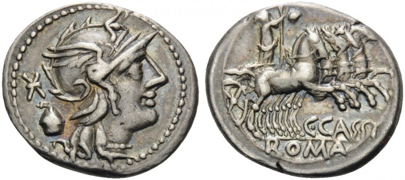C. Cassius, 126 BC. Denarius (Silver, 18 mm, 3.92 g, 5 h), Rome. Helmeted head o...
