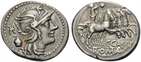 C. Cassius, 126 BC. Denarius (Silver, 18 mm, 3.92 g, 5 h), Rome. Helmeted head of Roma to right; to left, voting urn. Rev. C.CASSI / ROMA Libertas in ...