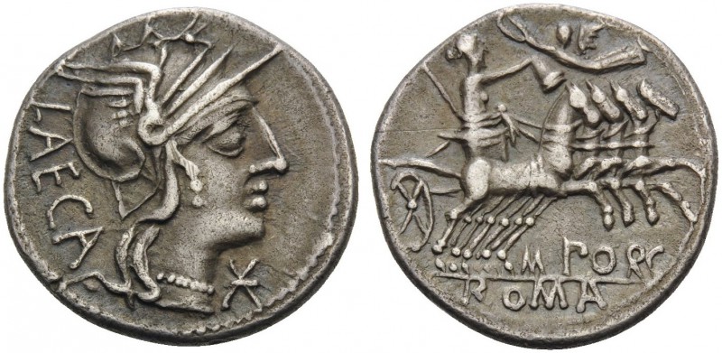 M. Porcius Laeca, 125 BC. Denarius (Silver, 18 mm, 3.32 g, 3 h), Rome. LAECA Hel...