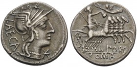 M. Porcius Laeca, 125 BC. Denarius (Silver, 18 mm, 3.32 g, 3 h), Rome. LAECA Helmeted head of Roma to right. Rev. M.PORC / ROMA Libertas in quadriga t...