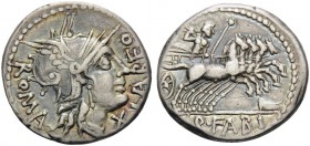 Q. Fabius Labeo, 124 BC. Denarius (Silver, 18 mm, 3.90 g, 5 h), Rome. ROMA / LABEO Helmeted head of Roma to right. Rev. Q.FABI Jupiter in quadriga to ...