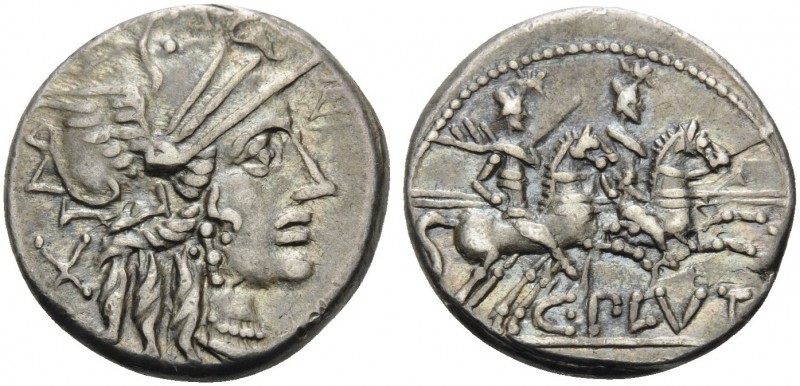 C. Plutius, 121 BC. Denarius (Silver, 17 mm, 3.94 g, 7 h), Rome. X Helmeted head...