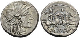 C. Plutius, 121 BC. Denarius (Silver, 17 mm, 3.94 g, 7 h), Rome. X Helmeted head of Roma to right. Rev. C.PLVTI The Dioscuri riding to right. Babelon ...