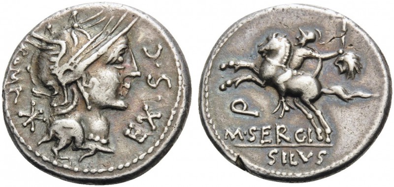 M. Sergius Silus, 116-115 BC. Denarius (Silver, 16 mm, 3.91 g, 9 h), Rome. EX.S....