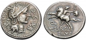 M. Sergius Silus, 116-115 BC. Denarius (Silver, 16 mm, 3.91 g, 9 h), Rome. EX.S.C / ROMA Helmeted head of Roma to right. Rev. Q / M.SERGI / SILVS Cava...